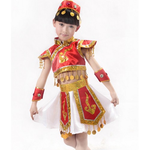 Green Chinese Mongolia Chinese Dance Costume Traditional Mongolia Costume Children's Performance Dance Skirt with hat